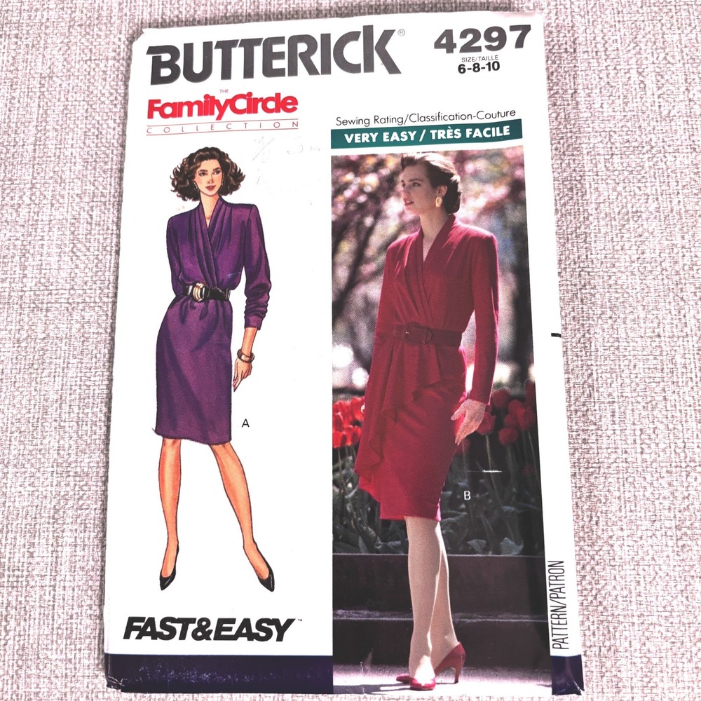 Butterick 4297 80s Mock Wrap Waterfall Dress Sz 6-8-10 Office Siren Retro Glam